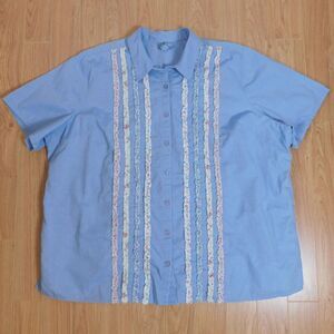 Liz & Me Blouse Shirt Button Up Blue Cotton Embellished Short Sleeve 3XL 26/28 !